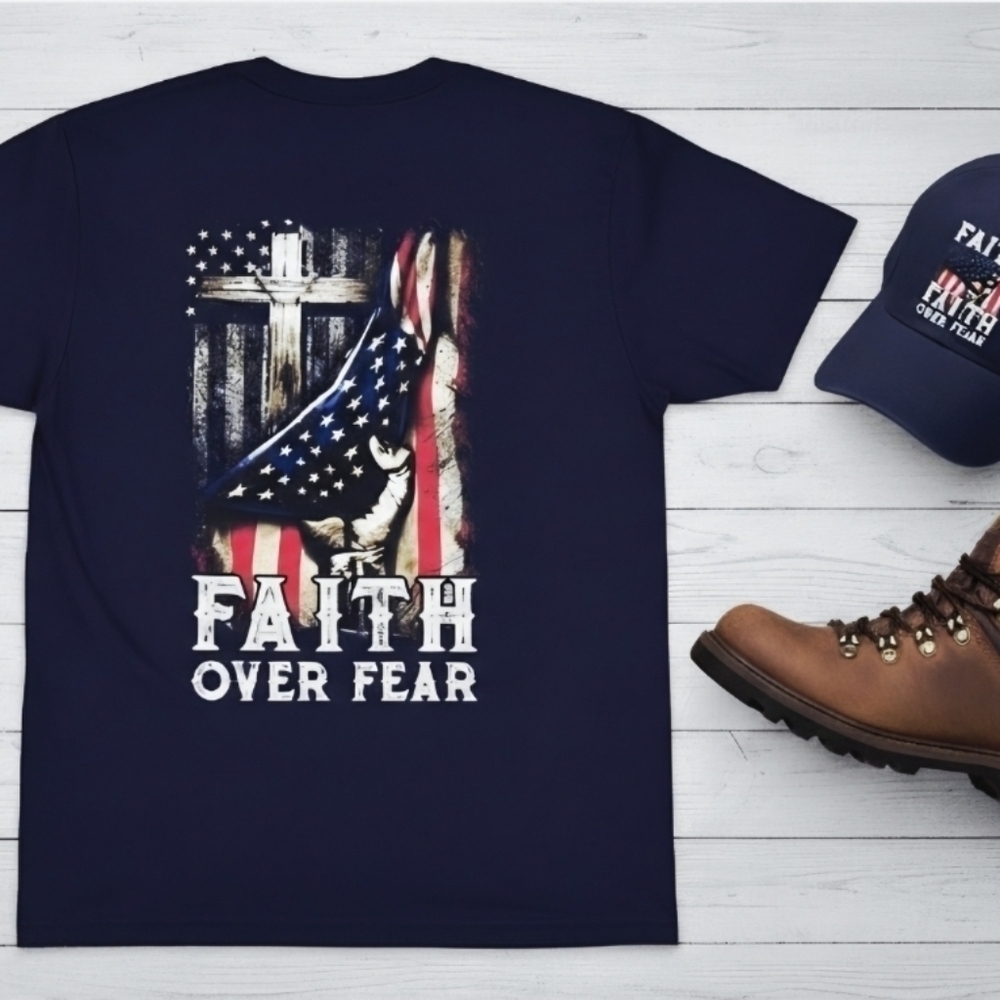 Faith Over Fear Christian Patriotic Tee • Cross & Praying Hands Shirt • American - Picture 1 of 12